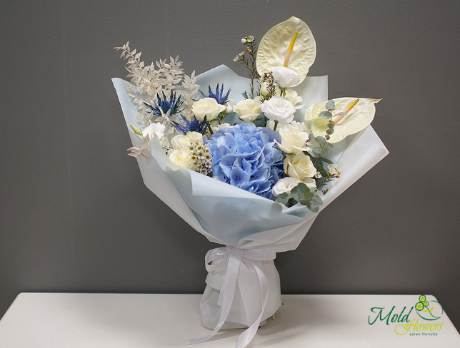 Bouquet of Blue Hydrangea, White Rose, Lisianthus, Anthurium, and Eryngium photo